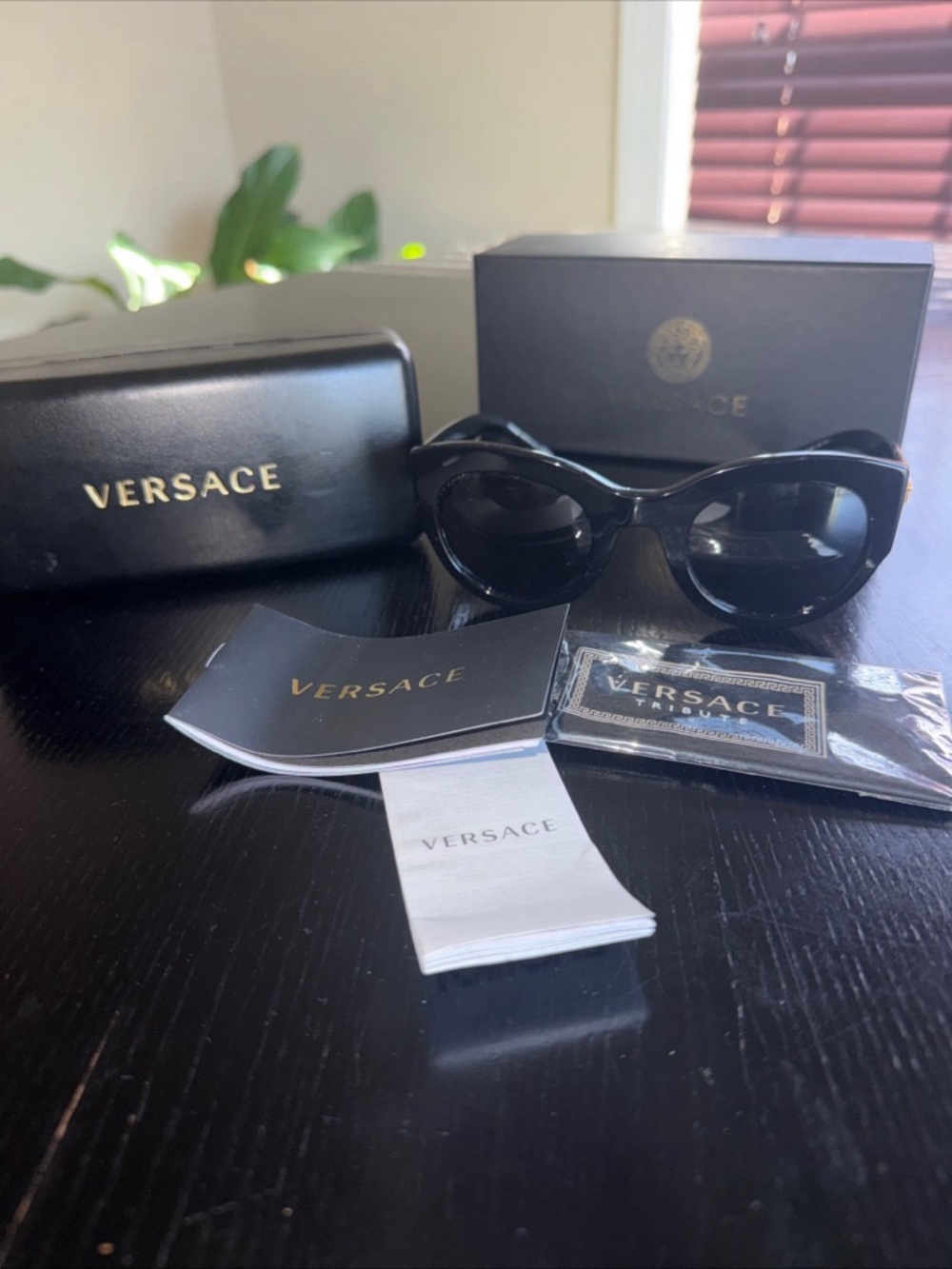 Versace Glossy Black Cat-Eye Sunglasses with Case